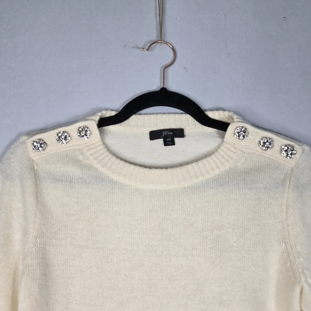 J. Crew Ivory Sweater Lambswool Blend Crew Neck Retro Rhinestone Trim Womens XS